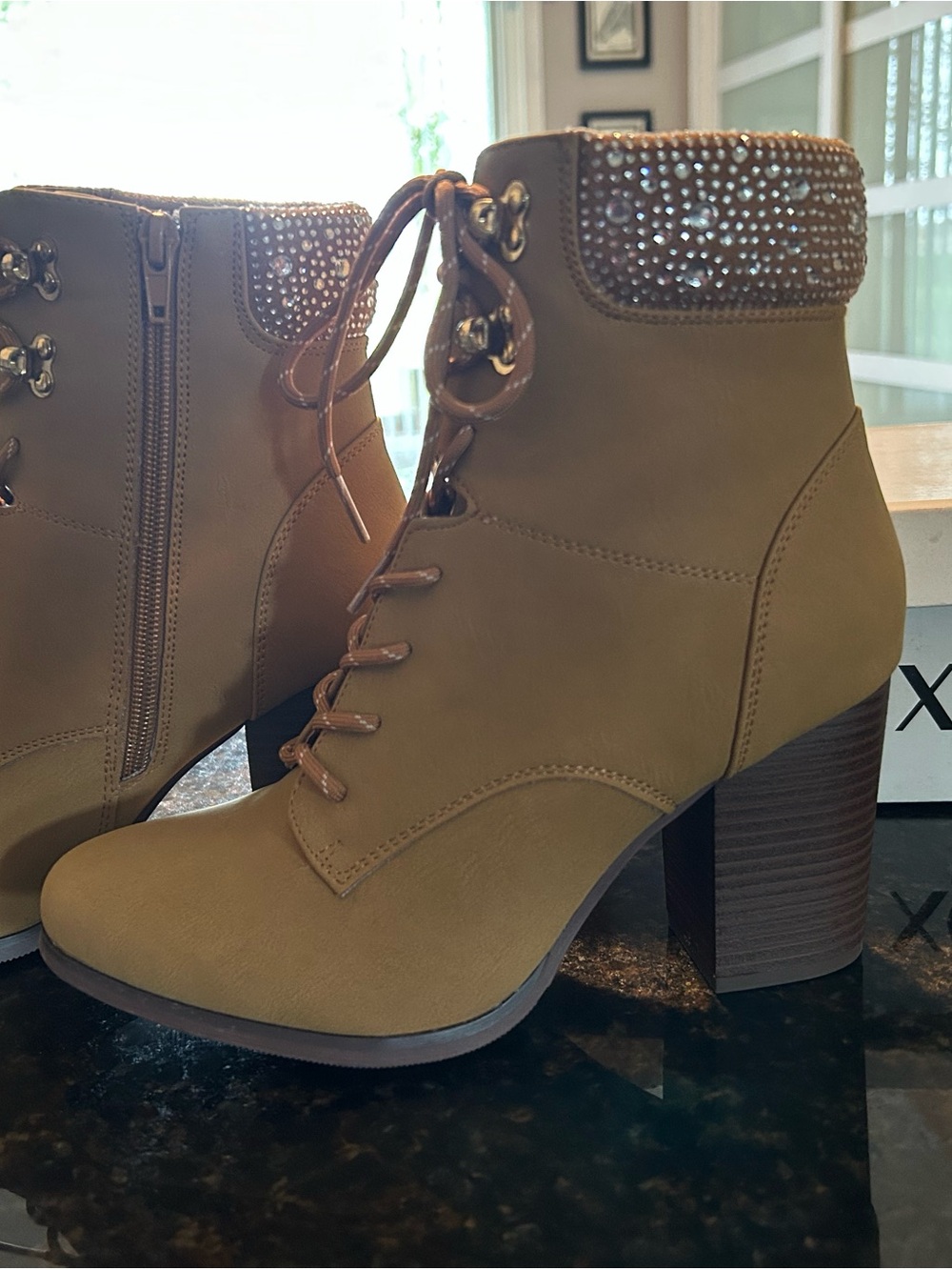Rhinestone Cuff Lace-Up Taupe Ankle Booties